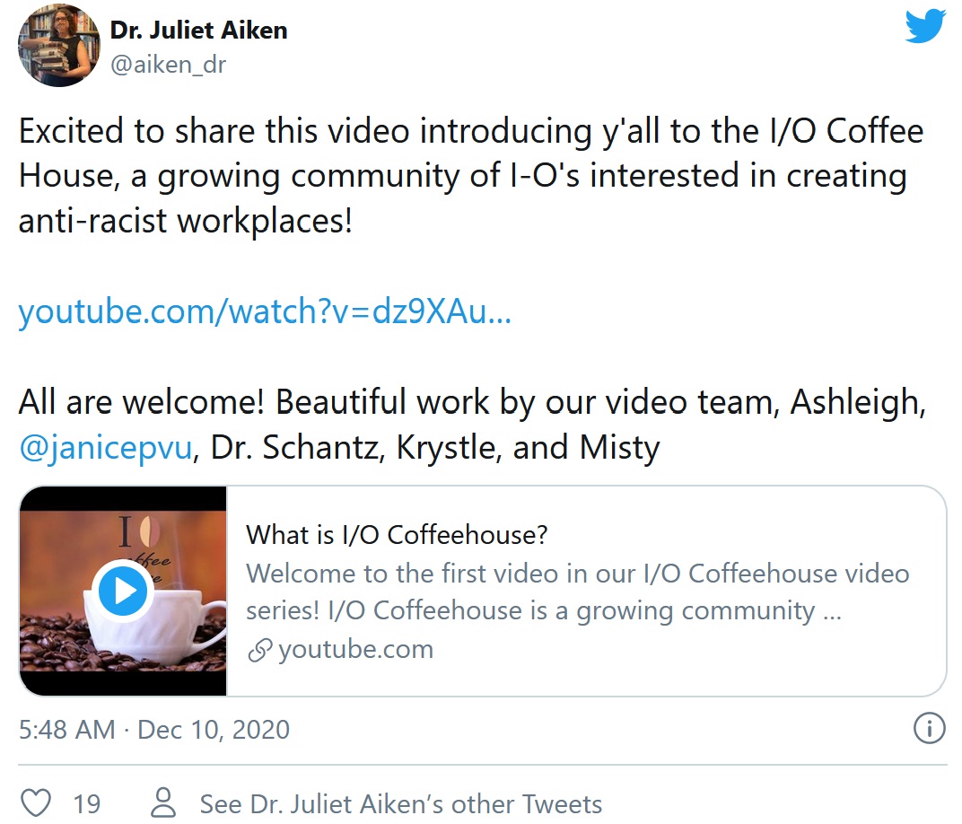 picture of a tweet by IO Coffeehouse mentioning Ashleigh's involvement