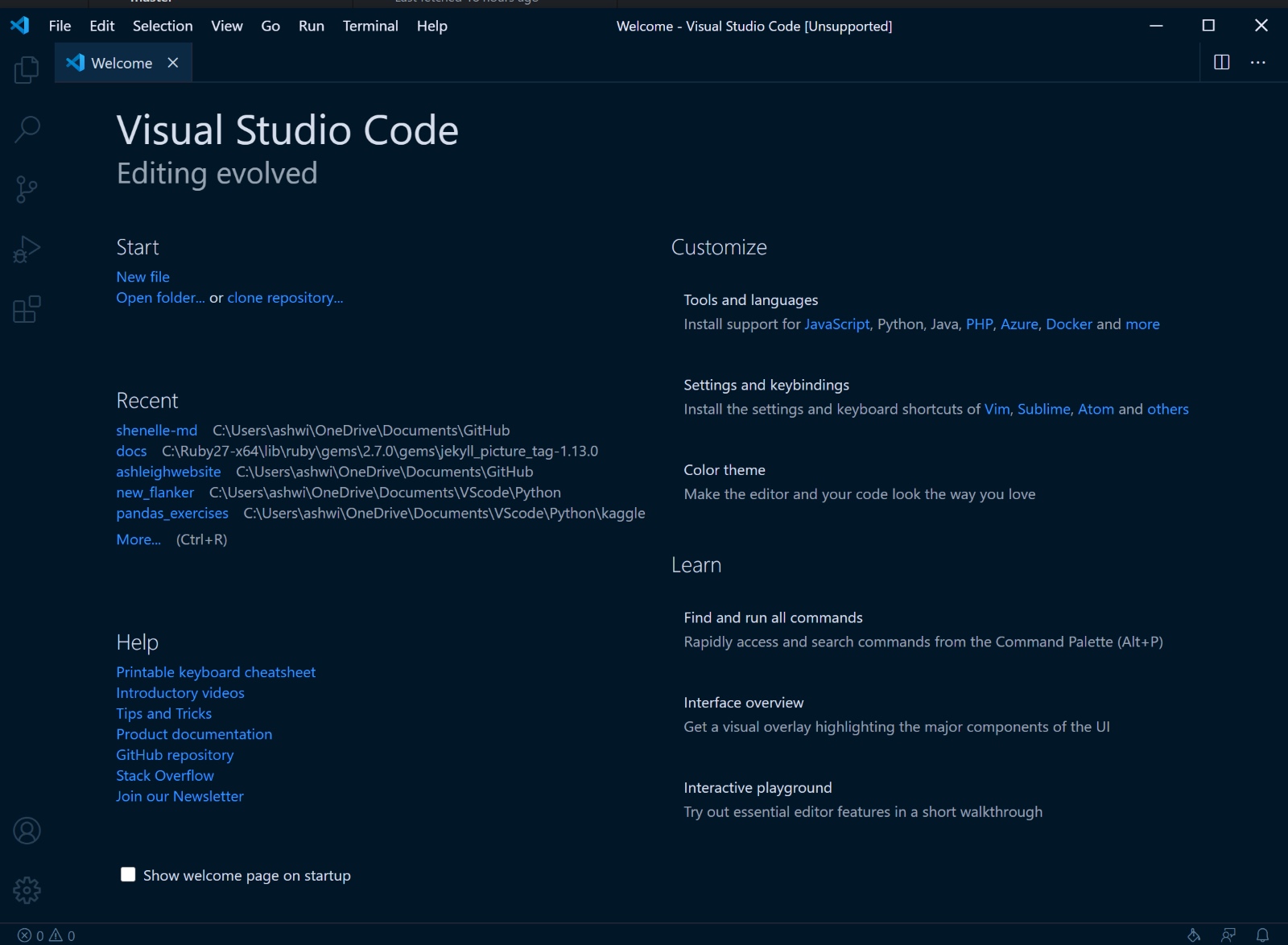 Image of the Welcome homepage in Visual Studio Code's user interface